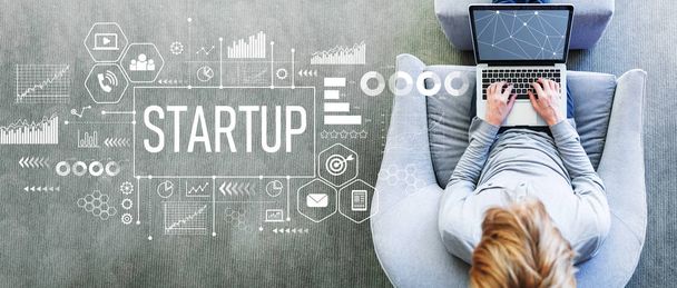 Startup with man using a laptop - Foto, imagen