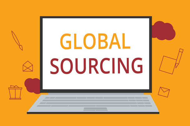 Κείμενο γραφής λέξεων Global Sourcing. Επιχειρηματική έννοια για την πρακτική της προμήθειας αγαθών από την παγκόσμια αγορά - Φωτογραφία, εικόνα