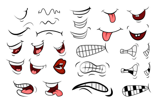 Zeichentrickmundsatz. Zunge, Lächeln, Zähne. Ausdrucksstarke Emotionen. einfaches flaches Design isoliert auf weißem Hintergrund - Vektor, Bild