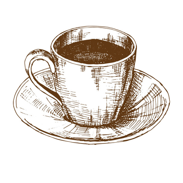 Sketch of a cup of coffee on a saucer. Vector illustration of a sketch style. - Vektor, obrázek