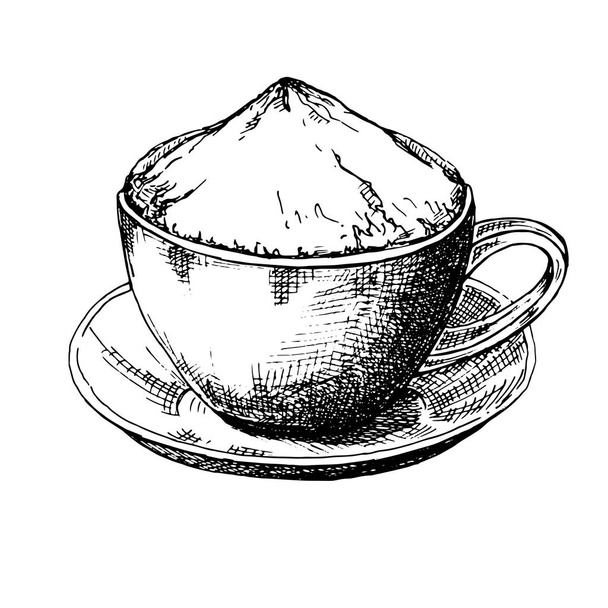 Sketch of a cup of coffee on a saucer. Vector illustration of a sketch style. - Vector, afbeelding