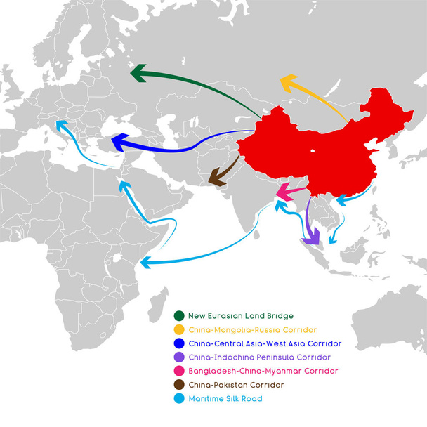 Egy öv egy közúti új Silk Road koncepció. 21. századi connectivity és eurázsiai országok közötti együttműködést. Vektoros illusztráció. - Vektor, kép