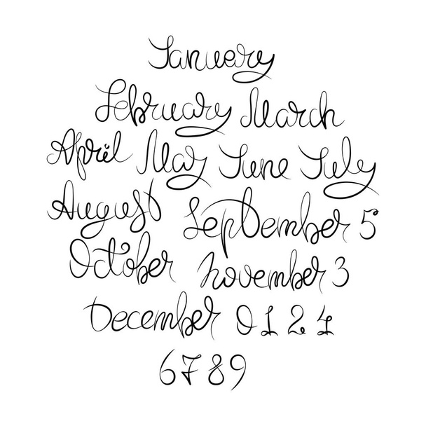 Calendar collection of months and numbers for all year, week, seasons. Ink modern brush calligraphy - Vector, Image