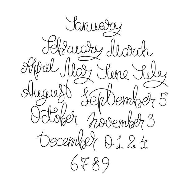 Kolekcja kalendarz miesięcy i numery dla wszystkich rok, tygodnia, pór roku. Atrament nowoczesny pędzel kaligrafii - Wektor, obraz