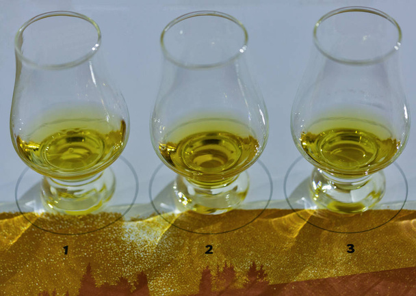 Proeverij van whisky glazen close-up in een rij - Foto, afbeelding