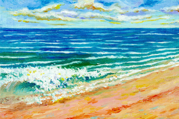 夏、海の青と空、雲の背景の美しさビーチ波動のカラフルなキャンバスにカラフルなオイル色絵海。印象派のイメージ イラストを描いた. - 写真・画像