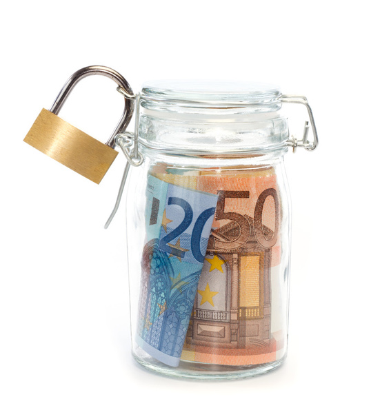 τραπεζογραμμάτια ευρώ σε σφραγισμένο βάζο με λουκέτο - Φωτογραφία, εικόνα
