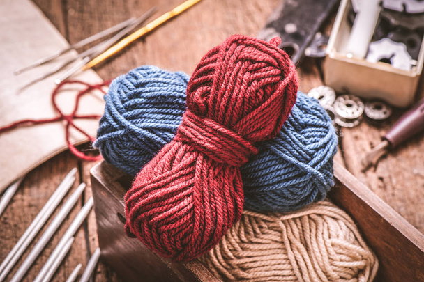 equipment for knitting and crochet (crochet hook, yarn, wool, needle) - Фото, зображення