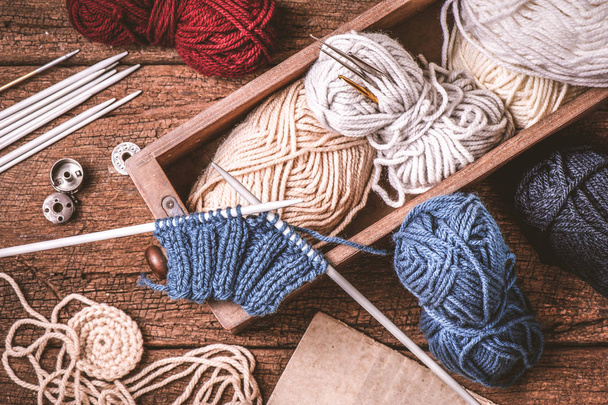 equipment for knitting and crochet (crochet hook, yarn, wool, needle) - Fotó, kép