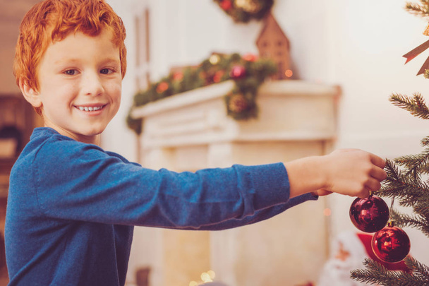 Pleasant ginger-haired boy decorating Christmas tree - 写真・画像