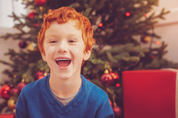 Portrait of red-haired boy laughing near Christmas tree - Fotó, kép