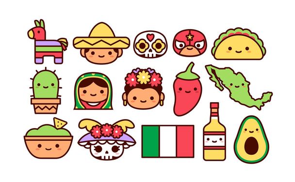 Conjunto de vetores de ícones de desenhos animados mexicanos isolados
 - Vetor, Imagem