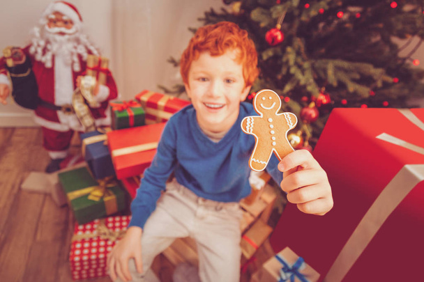 Joyful boy showing gingerbread man while sitting near Christmas tree - Foto, Imagen