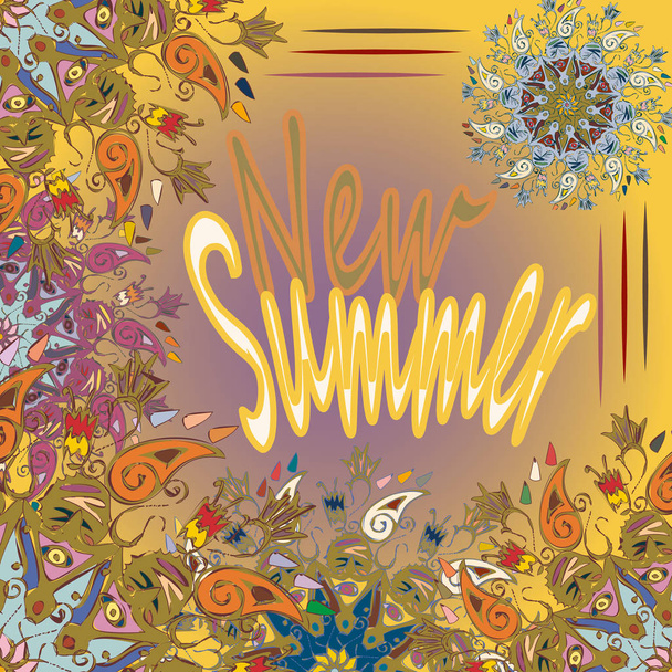 New summer - zentangle inspired art vintage card design with doodle in bright colors - Vektör, Görsel