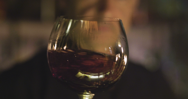 βίντεο από τον τσέλιμαν στο οινοποιείο κουνώντας κόκκινο κρασί σε γυαλί σε αργή κίνηση - Πλάνα, βίντεο
