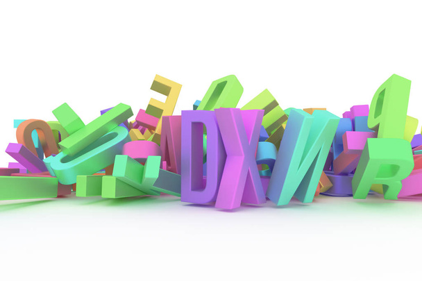 Sfondo tipografia astratta CGI, buono per il design, alfabeto, lettera di ABC. Rendering 3D colorato. Pila, pila, stile e casuale
. - Foto, immagini