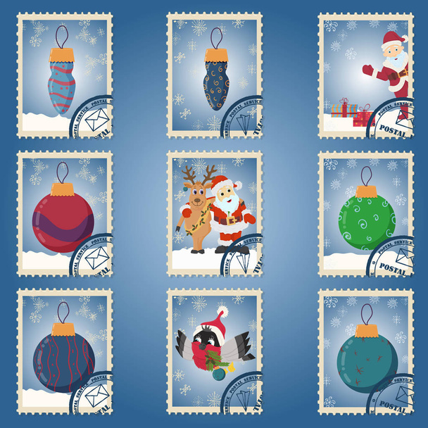vector large Christmas and new year set of design elements in the form of postage stamps, Christmas characters and decor elements, holiday characters - Vector, Image