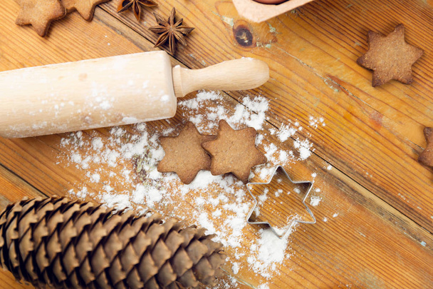 Ingredients for cooking Christmas baking on wooden background - Fotoğraf, Görsel