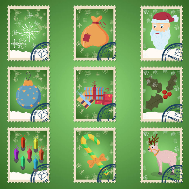 Vektor große Designelemente für Weihnachten und Neujahr in Form von Briefmarken, Weihnachts- und Dekorelementen, Feiertagsfiguren - Vektor, Bild