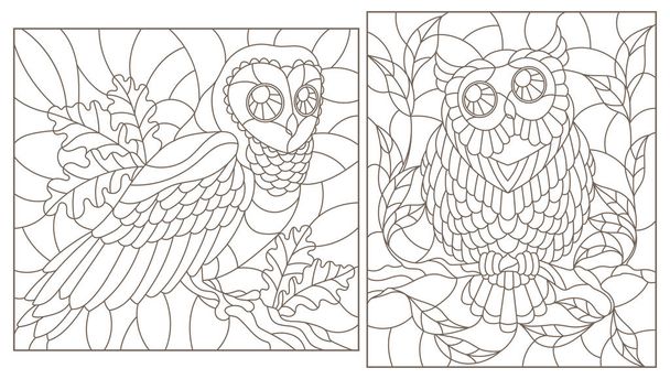 Set of contour illustrations with owls, dark contours on white background - Vector, Image