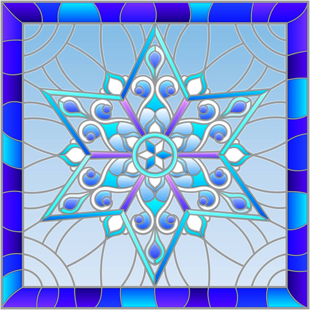 Illustration en vitrail avec flocon de neige dans des couleurs bleues dans un cadre
  - Vecteur, image
