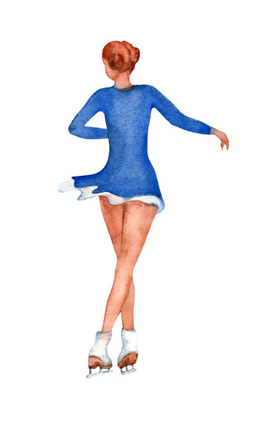 Mladá dívka krasobruslař v modrých šatech, klouzání na ledě. Akvarelu ilustrace na bílém pozadí. - Fotografie, Obrázek