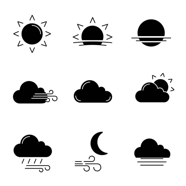 Weather forecast glyph icons set. Sun, sunrise, sunset, wind, cloud, partly cloudy weather, pouring rain, windy night, fog. Silhouette symbols. Vector isolated illustration - Vettoriali, immagini