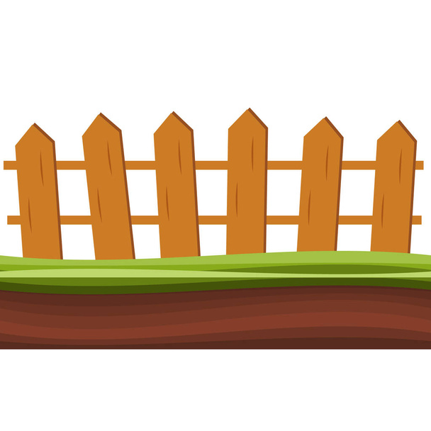 Cartoon landelijke houten hek in groen gras vector illustratie. Hout boerderij hek buiten. - Vector, afbeelding