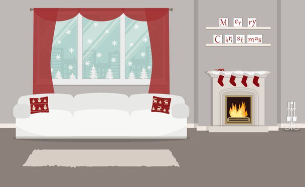Sala de estar, decorada con decoración navideña. La habitación tiene una chimenea, un sofá blanco con almohadas rojas y estantes con texto "Feliz Navidad" en un fondo de ventana. Ilustración vectorial
. - Vector, Imagen
