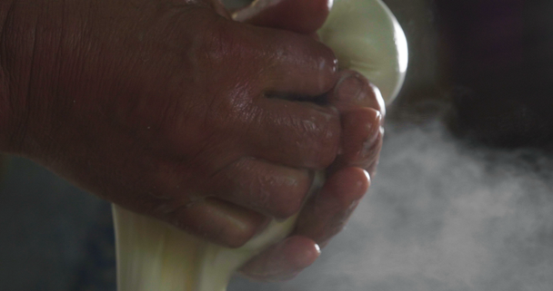 Ένας σπιτικός τυροπαραγωγός, παράγει χειροποίητη μοτσαρέλα με φρέσκο ποιοτικό γάλα από τα πρόβατα αγελάδες της το πρωί. Έννοια του: παράδοση, Ιταλία, μοτσαρέλα. - Πλάνα, βίντεο