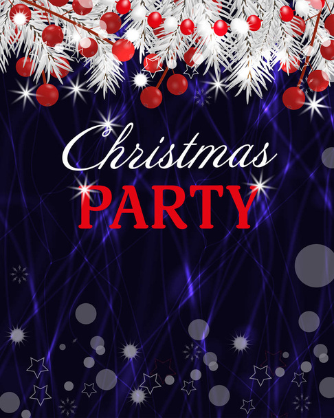 Christmas dark background party invitation with fir white branches and holly berry. Vector illustration. - Vecteur, image