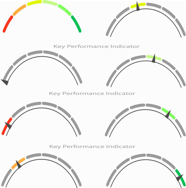 Imagen vectorial de un indicador de rendimiento de seis colores en forma de arco. Cambios de color de rojo a verde
 - Vector, imagen