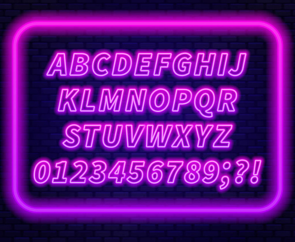 Розовый фиолетовый градиентный неоновый алфавит на тёмном фоне. Заглавная буква. Векторная иллюстрация
. - Вектор,изображение