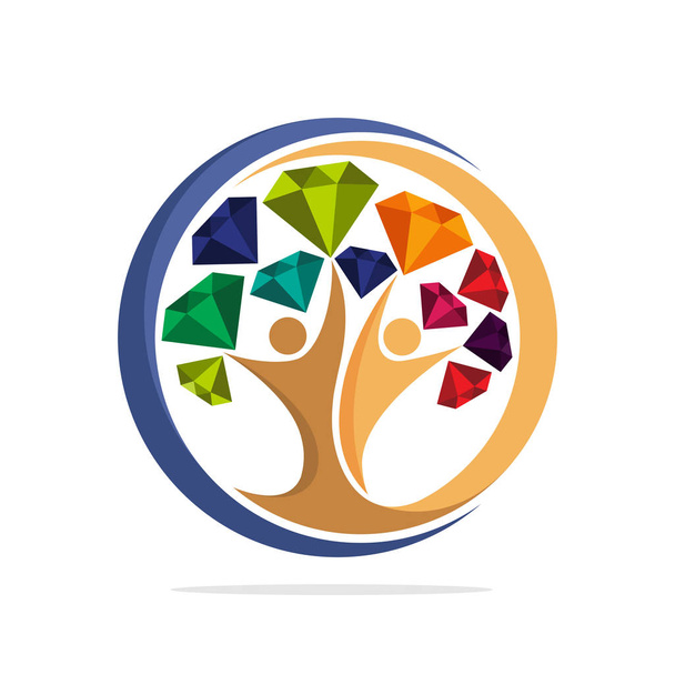 Illustrationsbaum-Ikone mit dem Konzept des Miteinanders der Menschen, die nach bunten Edelsteinen greifen - Vektor, Bild