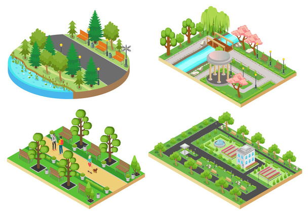 3d Isometric cartoon style green city public park concepts set vector illustration. - Vektör, Görsel