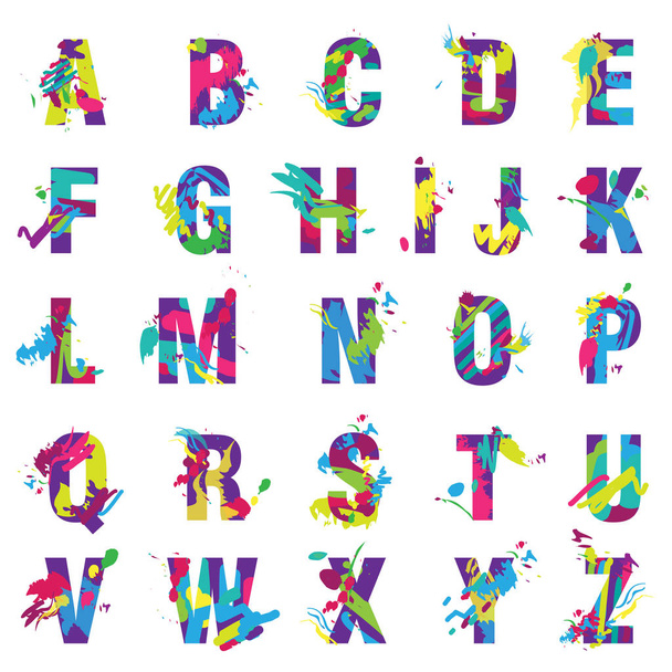 Vector Trendy letters alphabet painted by color paint splashes font. - Vektor, kép