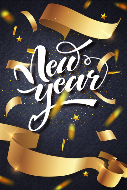 Happy New Year winter holiday greeting card design template. Calligraphic New year Lettering Decorated. Party poster, banner for invitation gold glitter stars confetti glitter decoration. Vector. - Vektor, Bild
