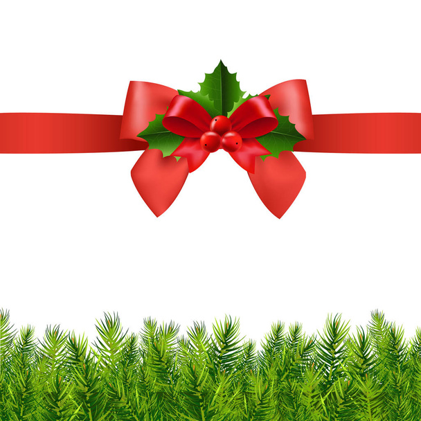 Red Ribbon With Holly Berries And Fir tree, Vector Illustration - Διάνυσμα, εικόνα