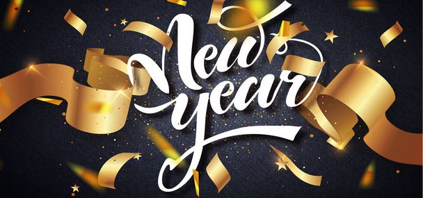 Happy New Year winter holiday greeting card design template. Calligraphic New year Lettering Decorated. Party poster, banner for invitation gold glitter stars confetti glitter decoration. Vector. - ベクター画像