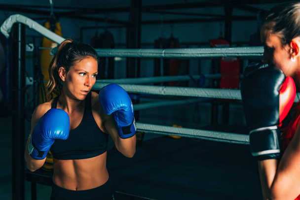 portret dwóch kobiet na boks trening na siłowni  - Zdjęcie, obraz