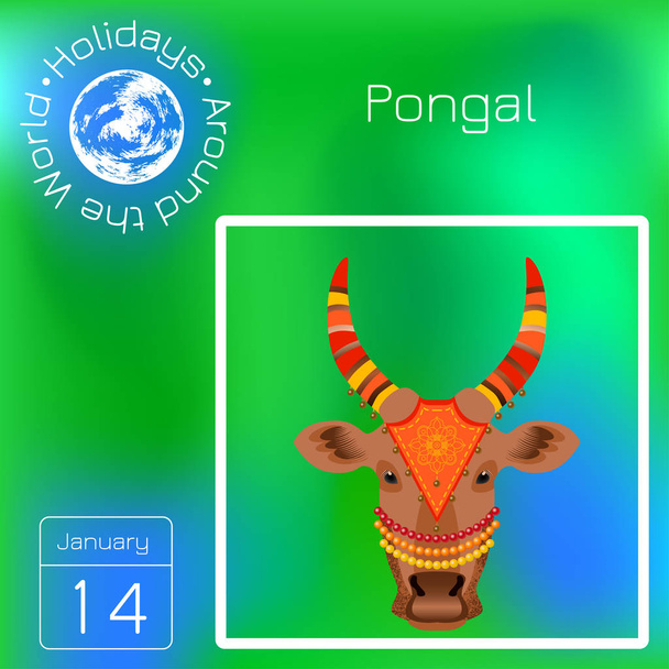 Маату Понгал. Индуистский фестиваль урожая в Индии и Шри-Ланке. Голова коровы. Календарь. Праздники по всему миру. Зеленый фон размытия - имя, иллюстрация даты
 - Вектор,изображение