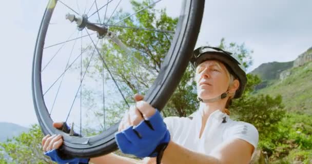 Active senior cyclist repairing bicycle at countryside 4k - Video