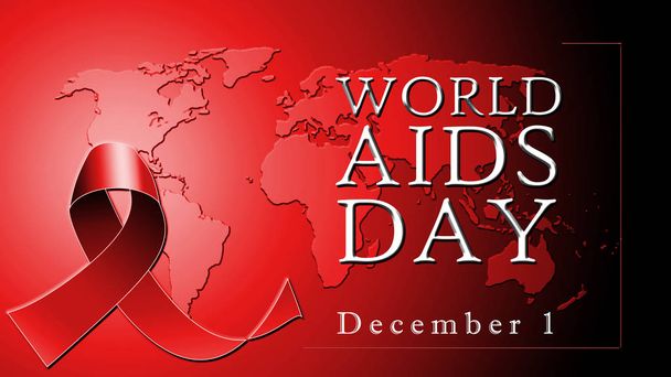 world aids day text on red background with red ribbon and world map - Photo, Image