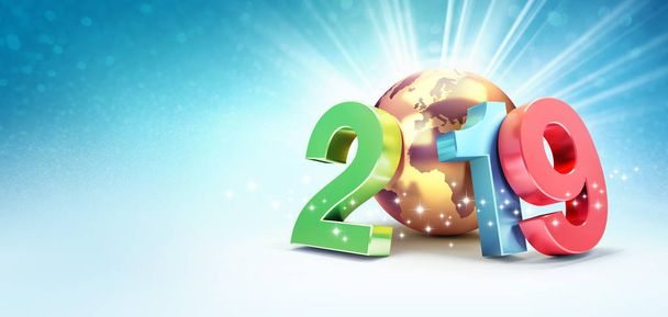 2019 novoroční barevné datum číslo skládá s zlaté planety země, zaměřený na Evropu a Afriku, zářící hvězdy a světelné paprsky za - 3d ilustrace - Fotografie, Obrázek
