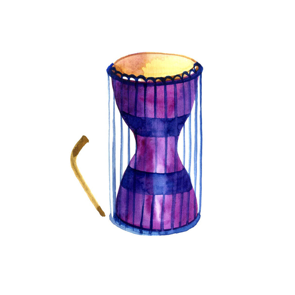 Musical illustration series. Traditional African talking drum, isolated on white background. Watercolor - Fotografie, Obrázek