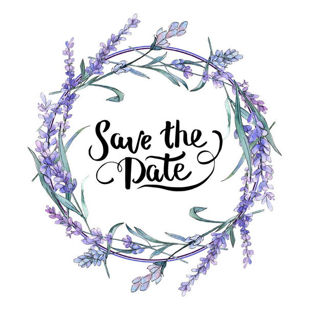 Purple lavender. Floral botanical flower. Save the date handwriting monogram calligraphy. Frame border ornament square. - Foto, Imagem