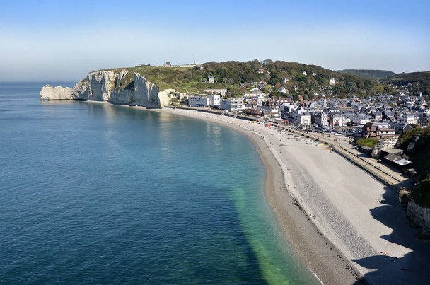 Aerial view of Etretat with its beach and village, a commune in the Seine-Maritime department in the Haute-Normandie region in northwestern France - Photo, Image