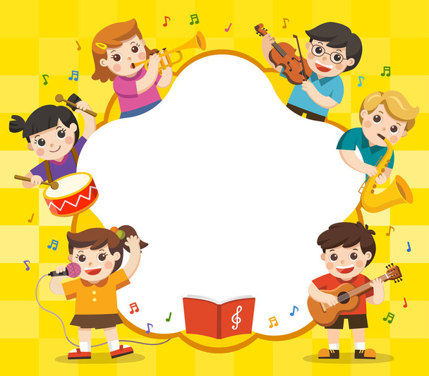 Music concept of children group. Kids playing musical instruments .Template for advertising brochure. Children look up with interest. - Vector, Image