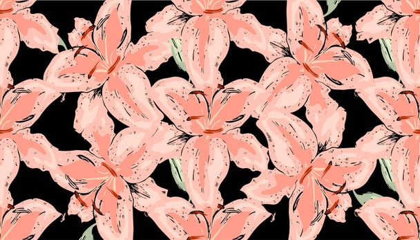 Vintage seamless floral pattern. Beautiful lily flowers on black. Abstract hand drawn vector background - Vecteur, image
