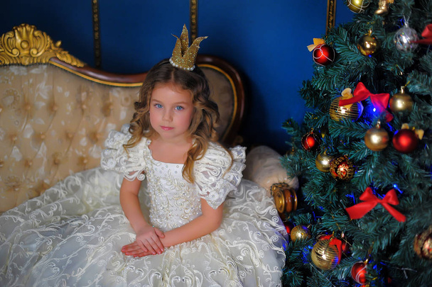 principessa bambina in una corona in un abito bianco a Natale
 - Foto, immagini